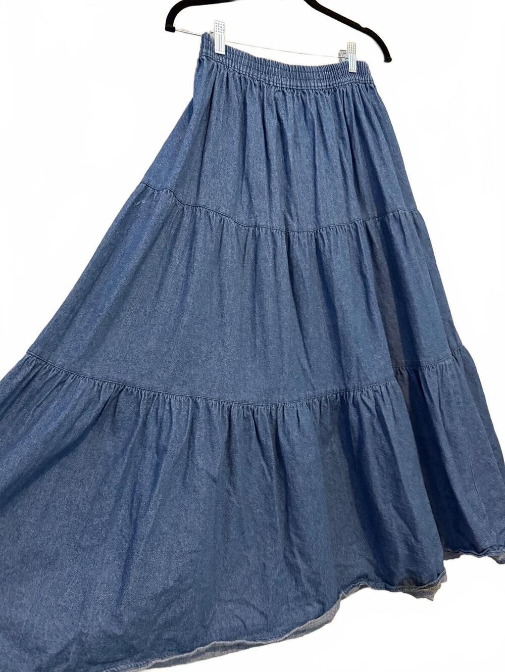Blue Denim Tiered Peasant Maxi Skirt